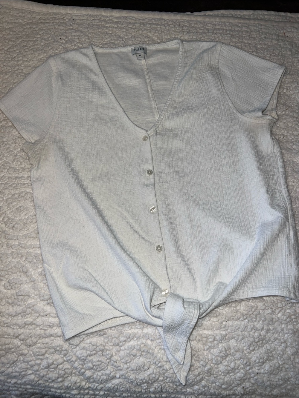 J. Crew White Short Sleeve Button-Front Tie Blouse, size M